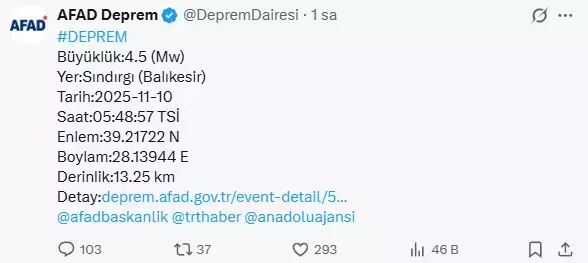 Balıkesir Sındırgı'da 4.5 büyüklüğünde bir deprem daha