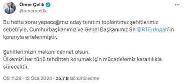 AK Parti'nin 14 Ocak Pazar günü yapacağı aday tanıtım toplantısı ertelendi