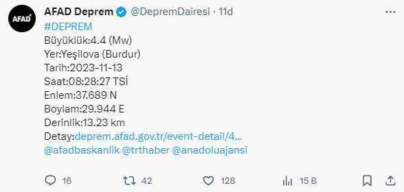 Burdur'un Yeşilova ilçesinde 4.4 büyüklüğünde deprem