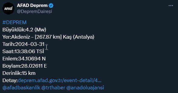 Antalya'da 4.2 büyüklüğünde deprem