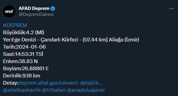 İzmir'de 4.2 şiddetinde deprem