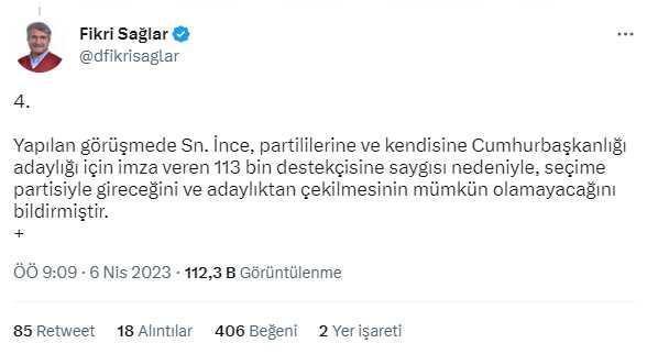Eski Bakan Fikri Sağlar: 3 Nisan'da Kılıçdaroğlu ve İnce arasında bir uzlaşma görüşmesi gerçekleştirdim