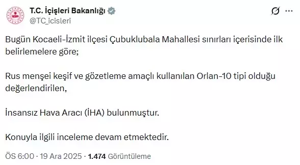 İçişleri Bakanlığı: İzmit'te bulunan İHA, Rusya'ya ait