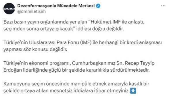 Dezenformasyonla Mücadele Merkezi: Hükümetin IMF ile anlaştığı iddiası gerçeği yansıtmamaktadır