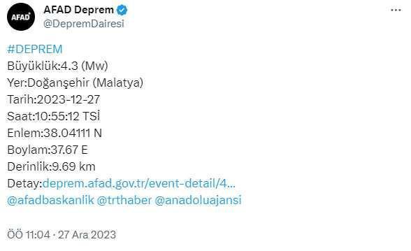 Malatya'da 4.3 büyüklüğünde deprem