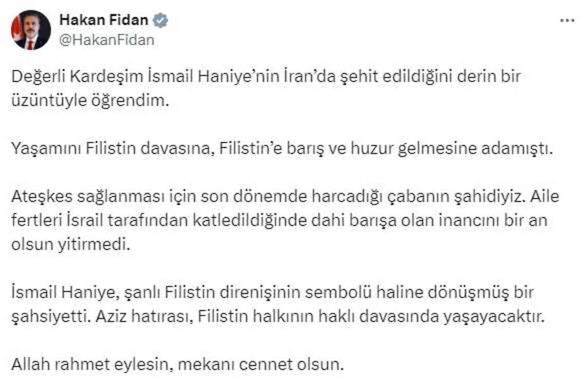 Suikasttan bir gün önce görüşmüşler! Bakan Fidan'dan Haniye'nin öldürülmesine ilişkin açıklama