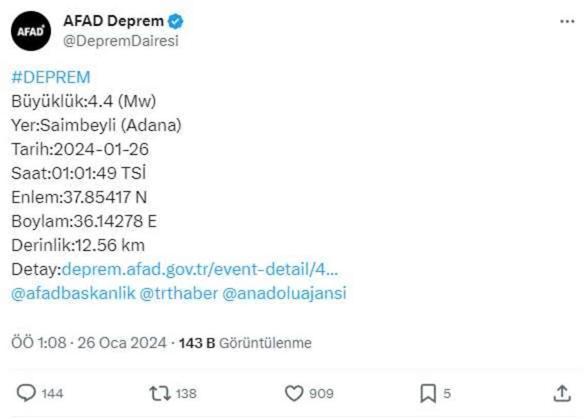 Adana'da 4,4 büyüklüğünde deprem
