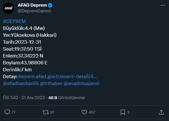 Hakkari'de 4,4 ve 3,5 büyüklüğünde peş peşe depremler meydana geldi