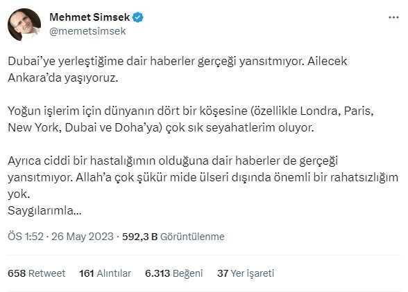 Eski Bakan Mehmet Şimşek, 'Dubai'ye taşındı' iddialarını yalanlayarak sosyal medyadan seslendi: Ankara'da yaşıyoruz