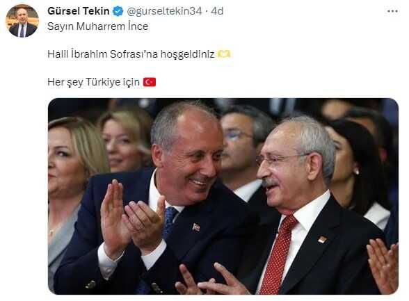CHP'li Gürsel Tekin'den, Muharrem İnce'nin adaylıktan çekilmesiyle ilgili paylaşım: Halil İbrahim sofrasına hoşgeldin