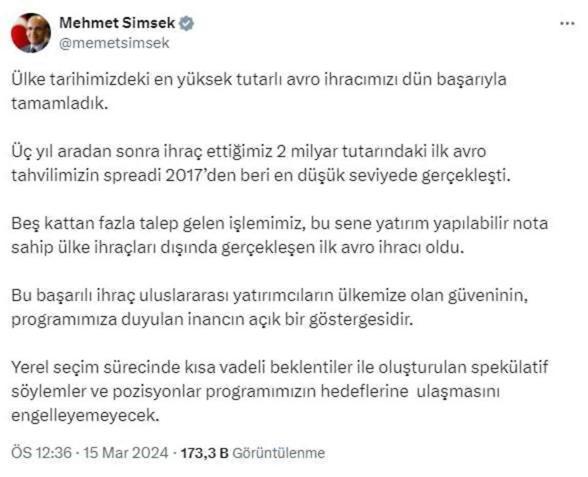 Bakan Şimşek duyurdu! Türkiye, tarihinin en yüksek tutarlı euro ihracını gerçekleştirdi