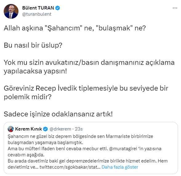 Gökbakar'dan AK Partili Turan'ın tepkisi sonrası Kerem Kınık'a olay mesaj: Kerem hafiften titreme geldi mi?