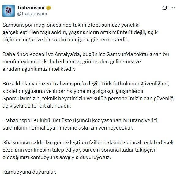 Samsun'da Trabzonspor takım otobüsüne taşlı saldırı: Sporcularımızın can güvenliği tehdit altında