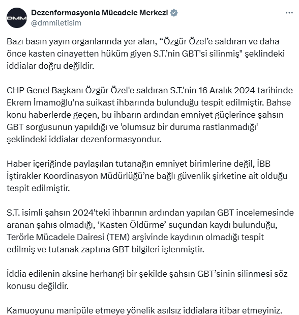 Özel'e saldıran şahsın GBT'sinin silindiği iddiasına Cumhurbaşkanlığından yalanlama