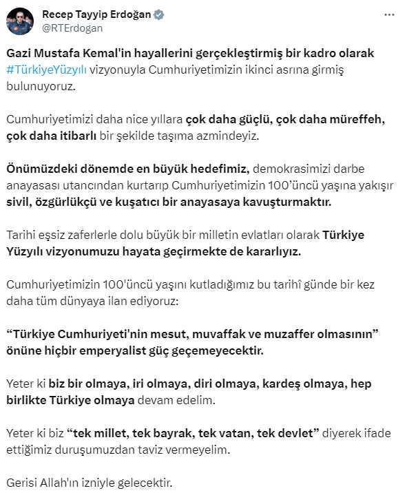Cumhurbaşkanı Erdoğan'dan 2. asır paylaşımı: Önümüzdeki dönemin en büyük hedefi sivil anayasadır