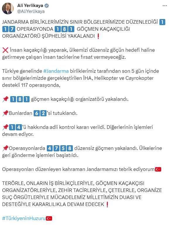İçişleri Bakanı Yerlikaya: Jandarma operasyonlarında 181 göçmen kaçakçılığı organizatörü yakalandı