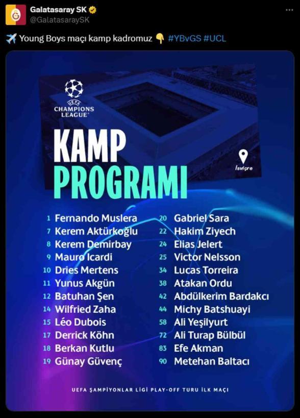Galatasaray'ın Young Boys maçı kamp kadrosu belli oldu! Barış Alper Yılmaz yok