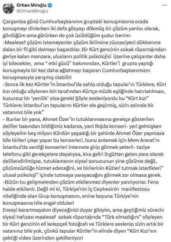 AK Partili Miroğlu'ndan Ahmet Özer'in tutuklanmasına tepki: Çözüm etkilenmez diyenler yanılıyor