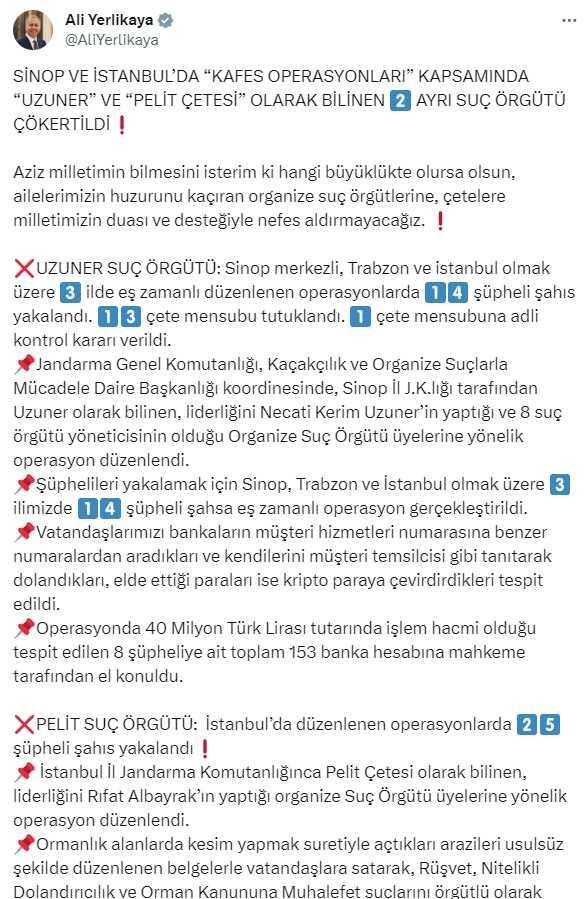 3 ilde eş zamanlı düzenlenen operasyonlarda 'Uzuner' ve 'Pelit Çetesi' olarak bilinen 2 ayrı suç örgütü çökertildi