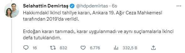 Demirtaş: 'Benim Kimseden Tahliye Talebim Olmadı, Erdoğan Mahkeme Kararlarını da Anayasa'yı da Tanımadığını İlan Etti'