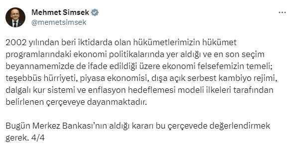 Merkez'in faiz kararı sonrası Mehmet Şimşek'ten ilk değerlendirme