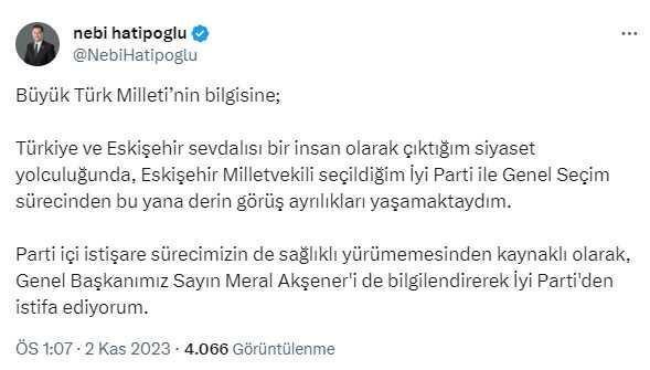 İYİ Parti Eskişehir Milletvekili İdris Nebi Hatipoğlu, Partisinden Ayrıldığını Açıkladı