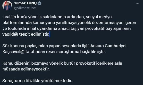 Adalet Bakanı Tunç: Provokatif İran-İsrail paylaşımlarına soruşturma başlatıldı