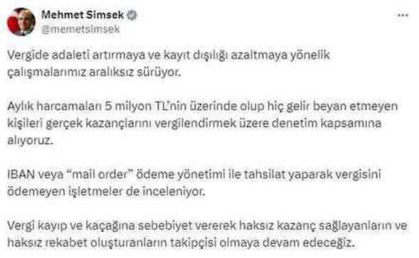 Bakan Şimşek, aylık harcamaları 5 milyon TL'nin üzerinde olanların peşine düştü