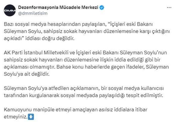 İletişim Başkanlığı: Süleyman Soylu'nun sokak hayvanları düzenlemesine karşı çıktığı iddiası doğru değildir