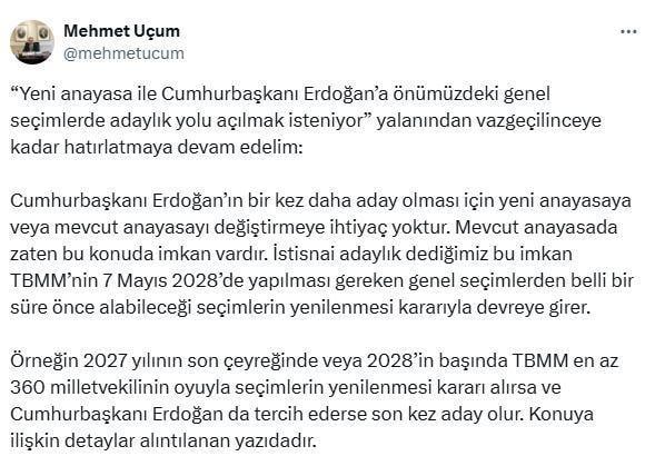 Mehmet Uçum: Erdoğan'ın aday olması için anayasayı değiştirmeye ihtiyaç yok