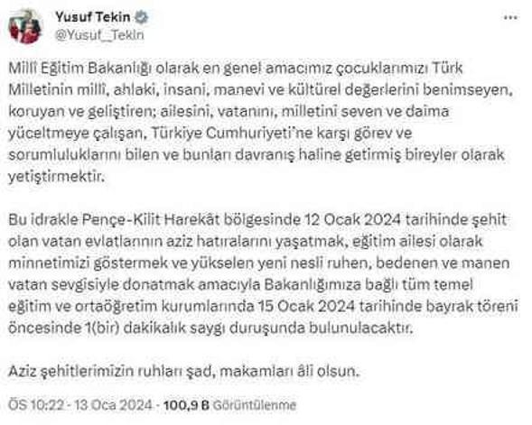 Milli Eğitim Bakanı'ndan Şehitler İçin Saygı Duruşu