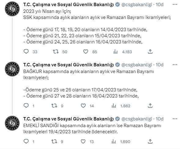 Son Dakika: SSK, Bağ-Kur ve Emekli Sandığı kapsamındaki aylıklar ile emeklilerin bayram ikramiyeleri 14-19 Nisan'da ödenecek