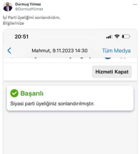 Durmuş Yılmaz, İYİ Parti'den istifa etti