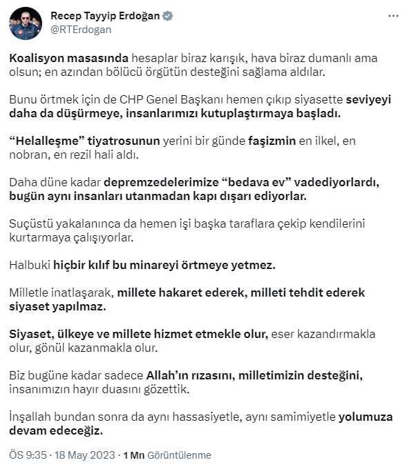 Cumhurbaşkanı Erdoğan: Kılıçdaroğlu insanlarımızı kutuplaştırmaya başladı