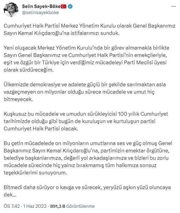 İstifa eden MYK üyelerinden Selin Sayek Böke: Sayın Kılıçdaroğlu'na sonsuz teşekkürlerimi sunuyorum