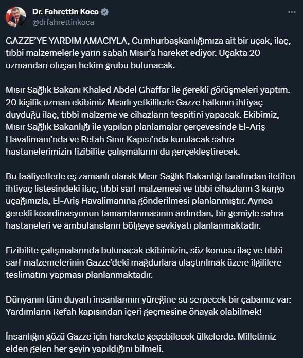 Sağlık Bakanı Fahrettin Koca duyurdu: Gazze için ilk uçak yola çıkıyor