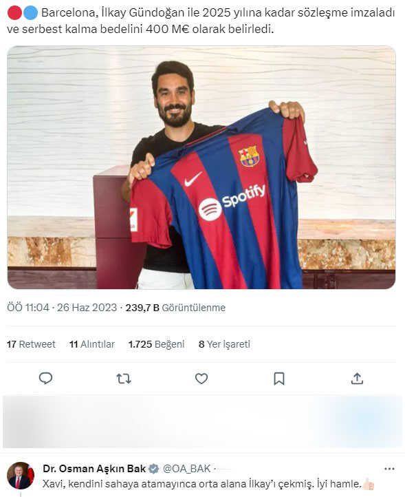Bakan Osman Aşkın Bak'tan sosyal medyada sürpriz yorum! İlkay Gündoğan transferini değerlendirdi