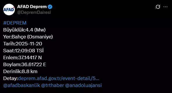 Osmaniye'de 4.4 şiddetinde deprem