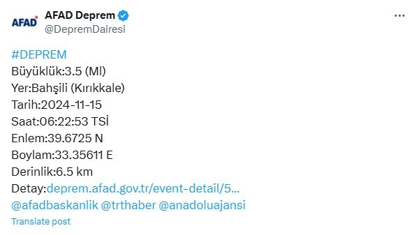 Son Dakika Kırıkkale'de deprem mi oldu? 15 Kasım Kırıkkale'de kaç şiddetinde deprem oldu?
