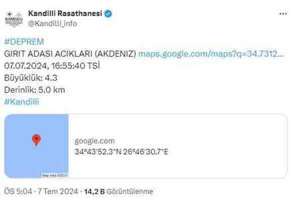 Muğla'nın Datça ilçesi açıklarında 4,1 büyüklüğünde deprem