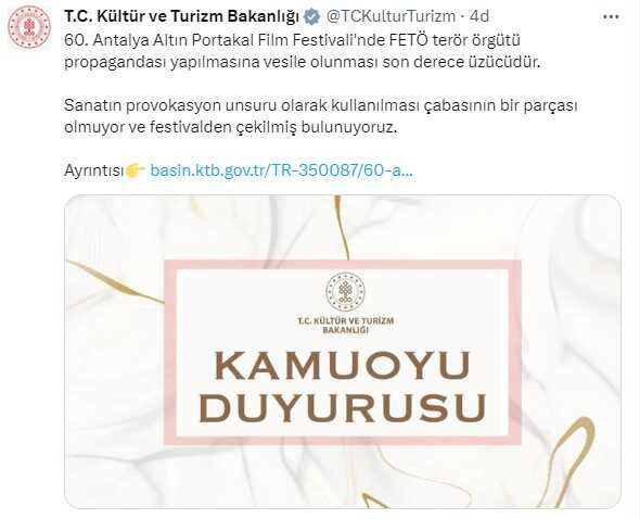 Kültür Turizm Bakanlığı, Kanun Hükmü belgeselini yayınlama kararı alan Antalya Film Festivali'nden çekildi