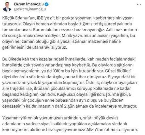 İmamoğlu'ndan Edanur paylaşımı: Sorumluluları cezasız bırakmayacağız