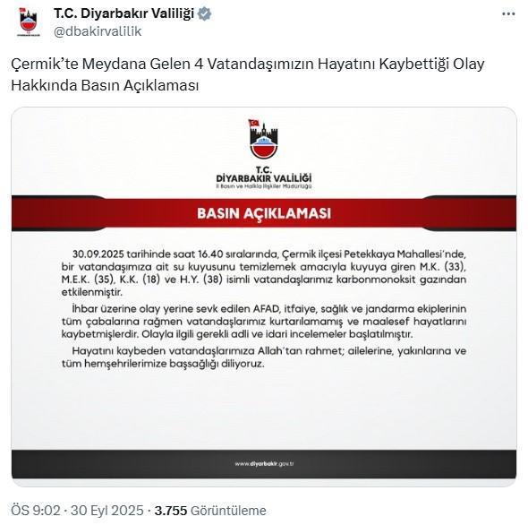 Diyarbakır'da temizlik için kuyuya giren 4 kişi öldü