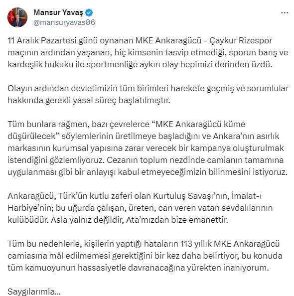 Yavaş'tan 'Ankaragücü küme düşürülecek' iddialarına tepki: Kişilerin hataları camiaya mal edilmemeli