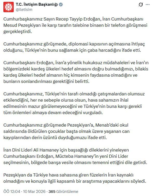Erdoğan ile Pezeşkiyan arasında telefon görüşmesi