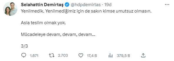 Cumhurbaşkanı Erdoğan'ın seçimi kazanması sonrası Demirtaş'tan art arda paylaşımlar