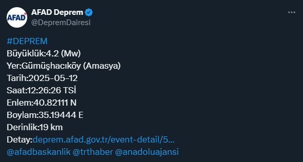 Amasya'da 4.4 büyüklüğünde deprem