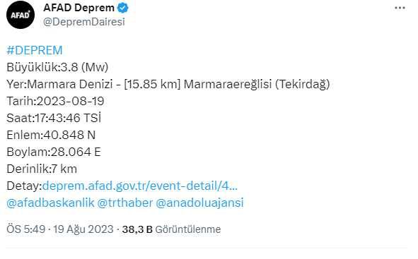 Marmara Denizi'nde Tekirdağ açıklarında 3.8 büyüklüğünde deprem