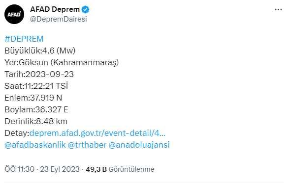 Son Dakika! Kahramanmaraş'ta 4.6 büyüklüğünde deprem