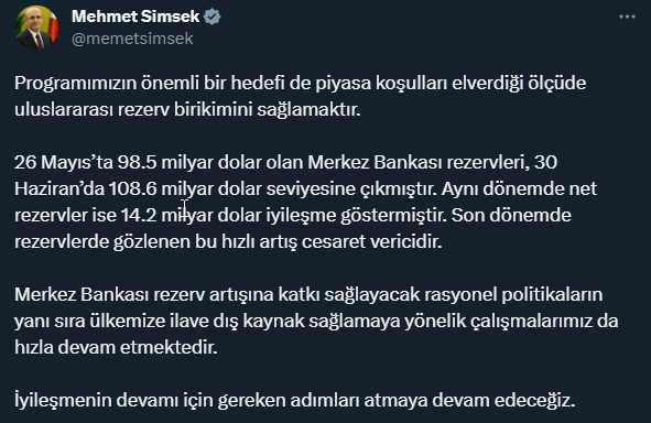 Son Dakika! Bakan Şimşek: Merkez Bankası rezervleri 108.6 milyar dolar seviyesine çıktı, bu hızlı artış cesaret verici